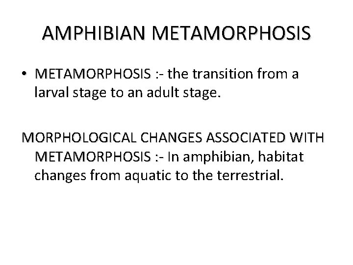 AMPHIBIAN METAMORPHOSIS • METAMORPHOSIS : - the transition from a larval stage to an