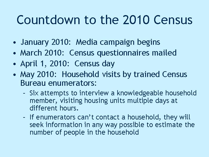 Countdown to the 2010 Census • • January 2010: Media campaign begins March 2010: