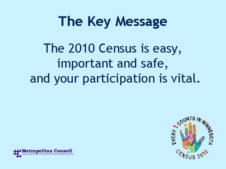 The Key Message The 2010 Census is easy, important and safe, and your participation