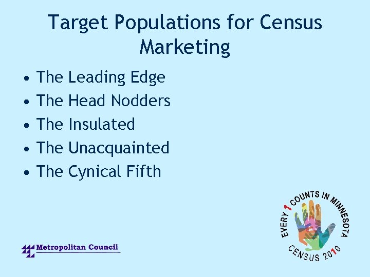 Target Populations for Census Marketing • • • The The The Leading Edge Head