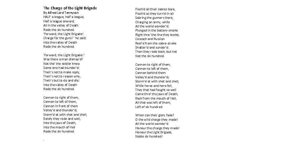 The Charge of the Light Brigade By Alfred Lord Tennyson HALF a league, half