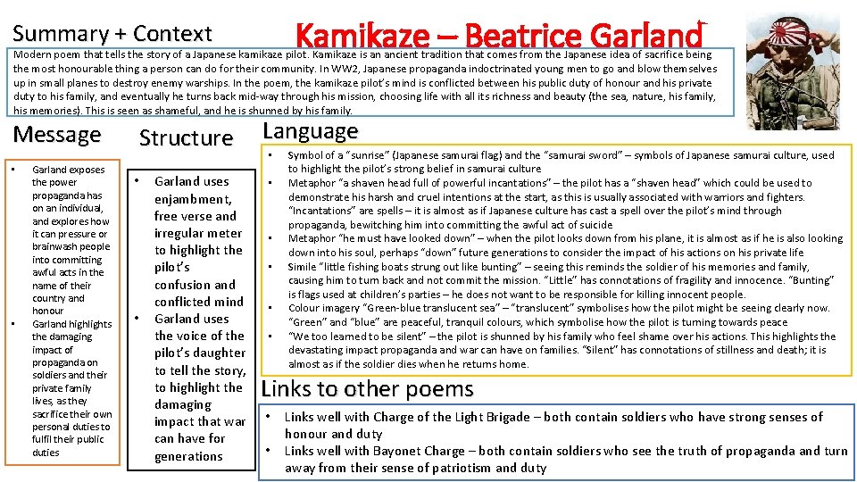 Kamikaze – Beatrice Garland Summary + Context Modern poem that tells the story of