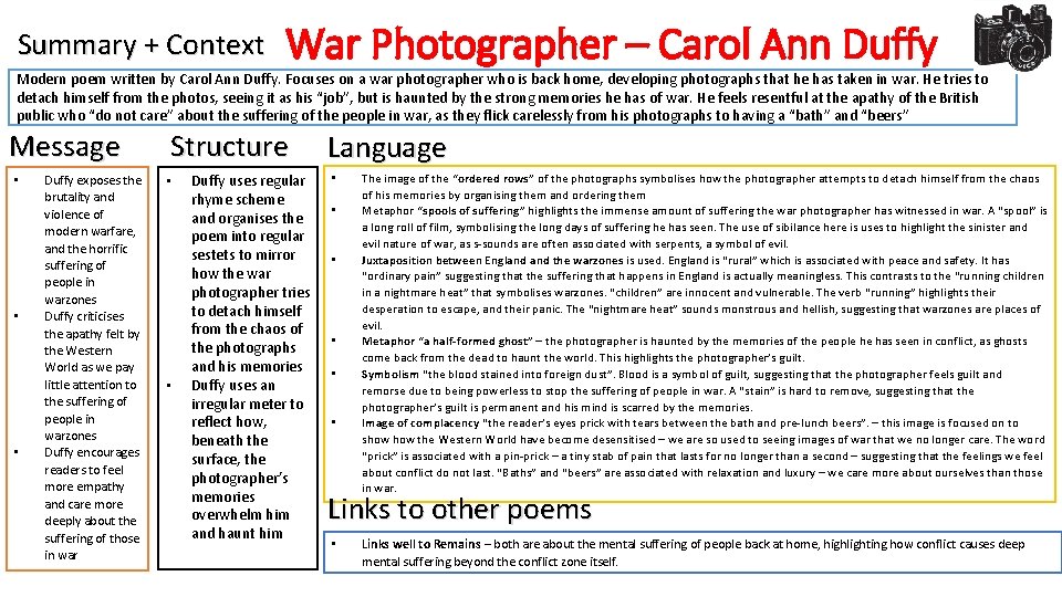 Summary + Context War Photographer – Carol Ann Duffy Modern poem written by Carol