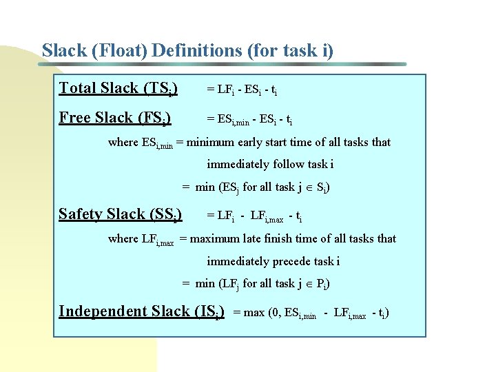 Slack (Float) Definitions (for task i) Total Slack (TSi) = LFi - ESi -