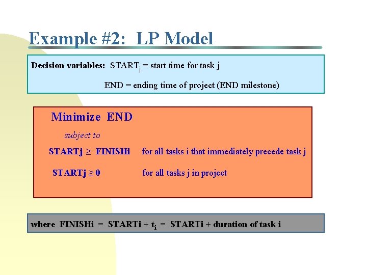 Example #2: LP Model Decision variables: STARTj = start time for task j END