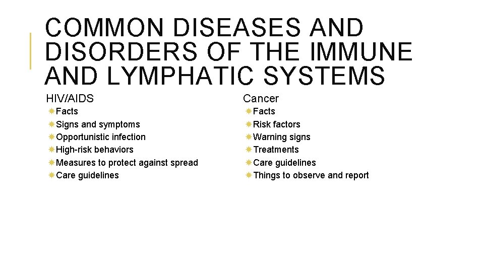 COMMON DISEASES AND DISORDERS OF THE IMMUNE AND LYMPHATIC SYSTEMS HIV/AIDS Cancer Facts Signs