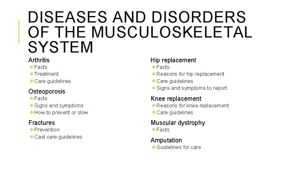 DISEASES AND DISORDERS OF THE MUSCULOSKELETAL SYSTEM Arthritis Hip replacement Facts Treatment Care guidelines