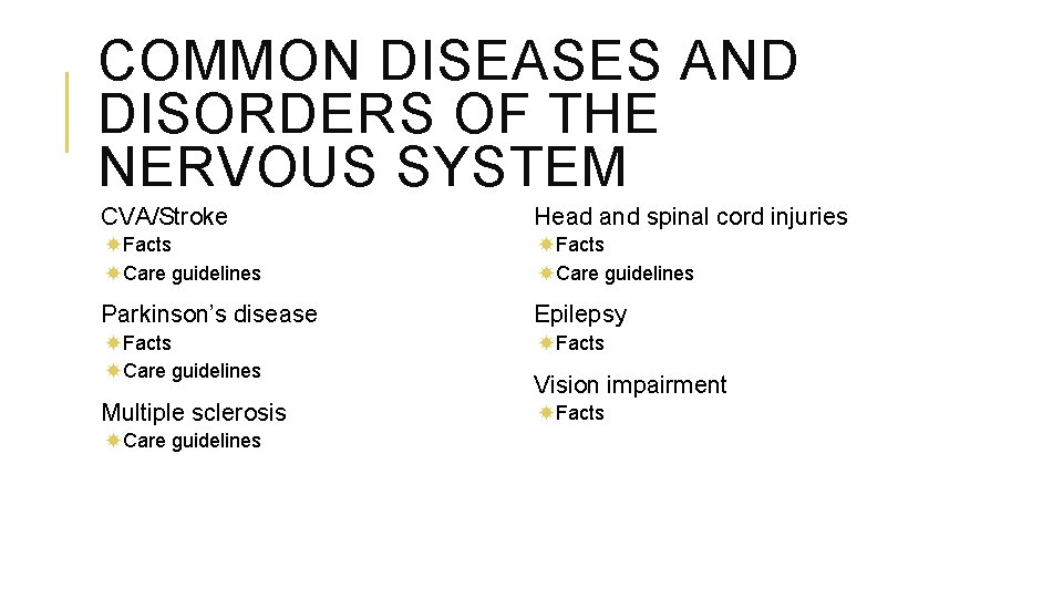 COMMON DISEASES AND DISORDERS OF THE NERVOUS SYSTEM CVA/Stroke Head and spinal cord injuries