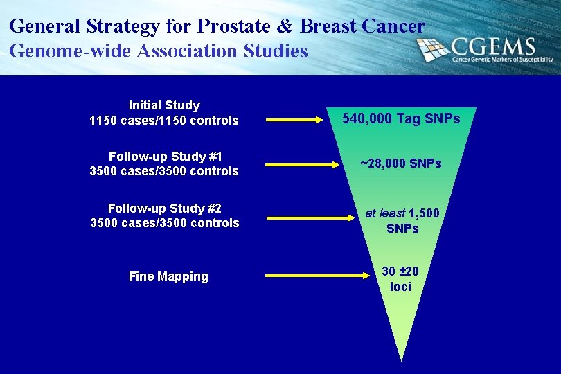 General Strategy for Prostate & Breast Cancer Genome-wide Association Studies Initial Study 1150 cases/1150