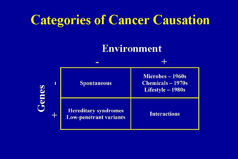 Categories of Cancer Causation Environment Genes + - - + 