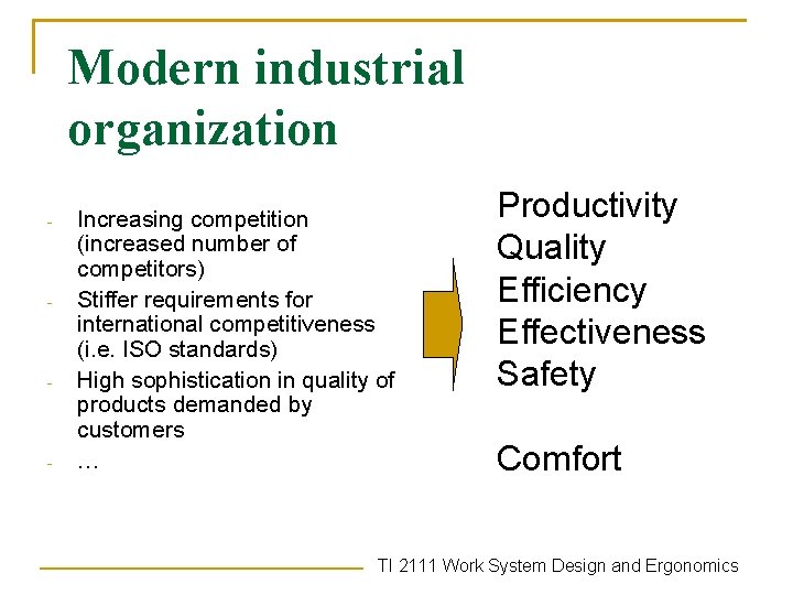 Modern industrial organization - - Increasing competition (increased number of competitors) Stiffer requirements for