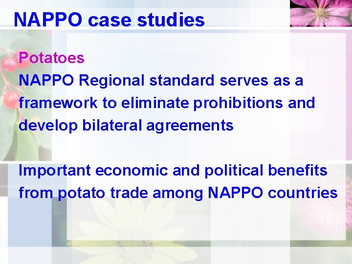 NAPPO case studies Potatoes NAPPO Regional standard serves as a framework to eliminate prohibitions