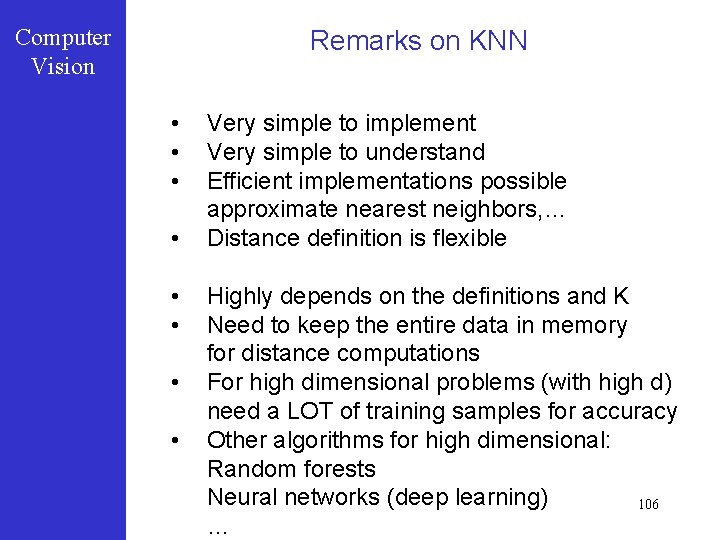 Computer Vision Remarks on KNN • • Very simple to implement Very simple to