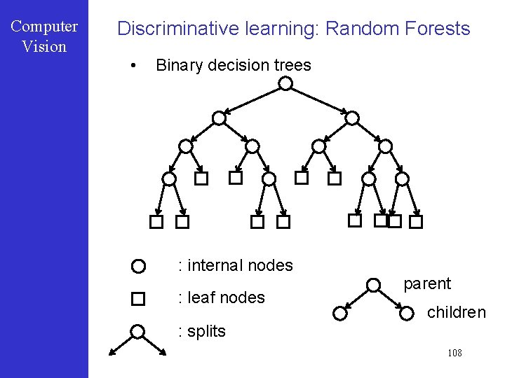 Computer Vision Discriminative learning: Random Forests • Binary decision trees : internal nodes :