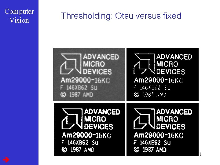 Computer Vision Thresholding: Otsu versus fixed Fixed threshold Image specific Otsu threshold Local Otsu