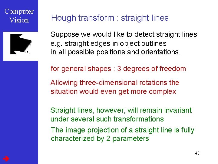 Computer Vision Hough transform : straight lines Suppose we would like to detect straight