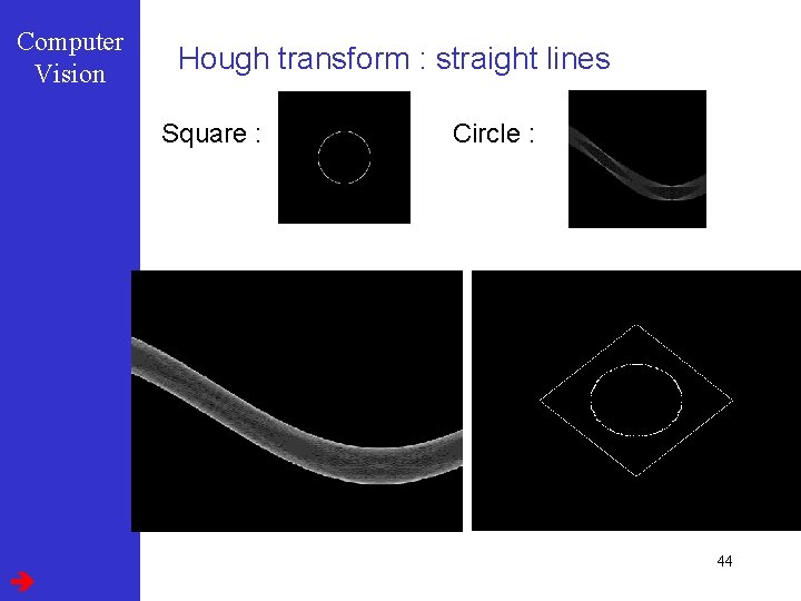 Computer Vision Hough transform : straight lines Square : Circle : 44 