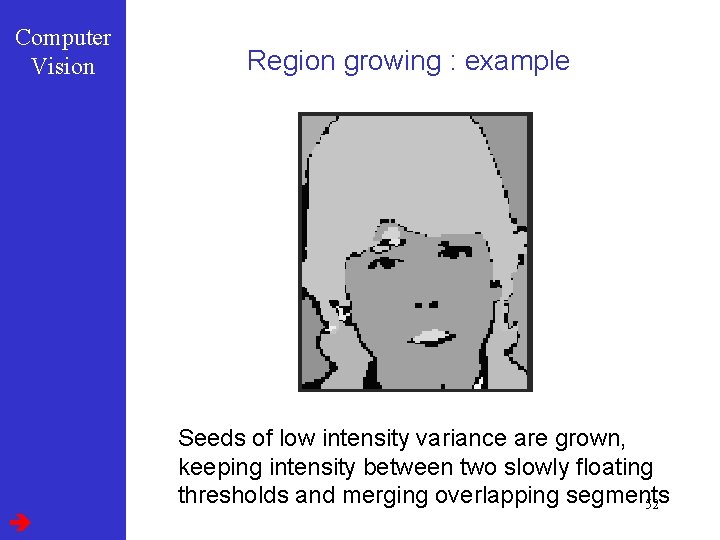 Computer Vision Region growing : example Seeds of low intensity variance are grown, keeping