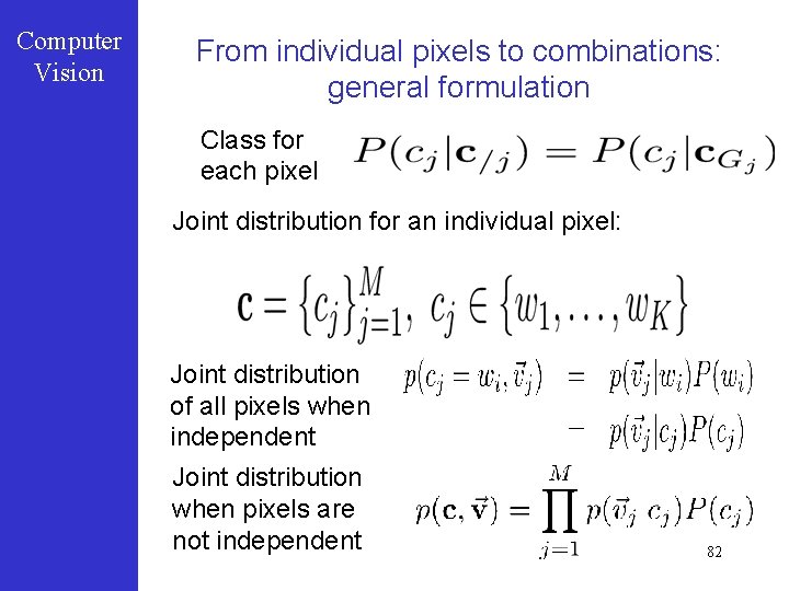 Computer Vision From individual pixels to combinations: general formulation Class for each pixel Joint