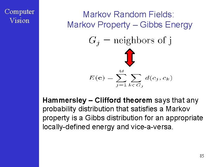 Computer Vision Markov Random Fields: Markov Property – Gibbs Energy Hammersley – Clifford theorem