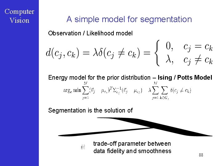 Computer Vision A simple model for segmentation Observation / Likelihood model Energy model for