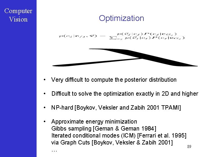 Computer Vision Optimization • Very difficult to compute the posterior distribution • Difficult to