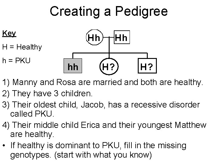 Creating a Pedigree Key Hh H = Healthy h = PKU hh Hh H?
