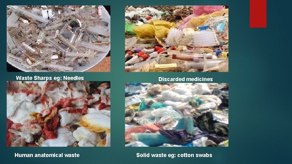 Waste Sharps eg: Needles Human anatomical waste Discarded medicines Solid waste eg: cotton swabs