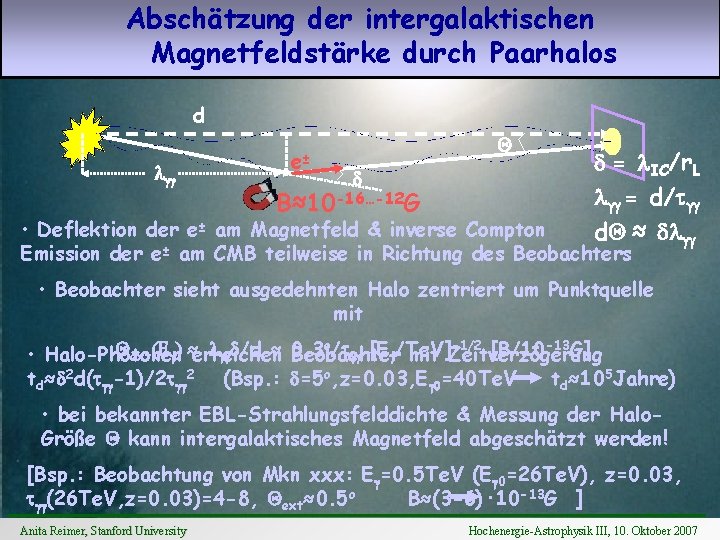 Abschätzung der intergalaktischen Magnetfeldstärke durch Paarhalos d lgg e± Q d B≈10 -16…-12 G
