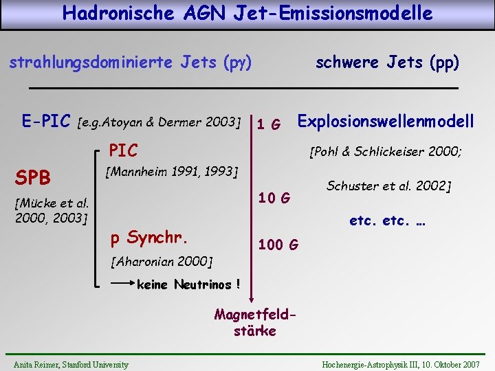 Hadronische AGN Jet-Emissionsmodelle strahlungsdominierte Jets (pg) E-PIC [e. g. Atoyan & Dermer 2003] schwere