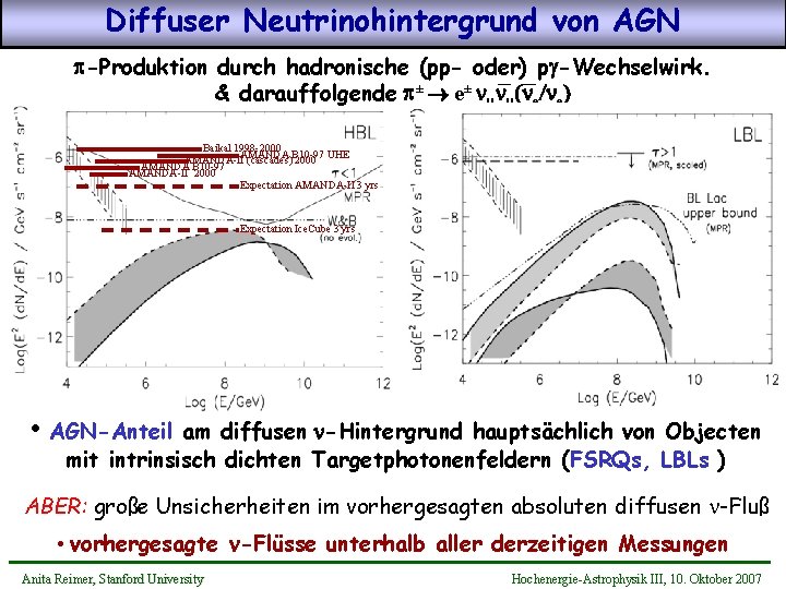 Diffuser Neutrinohintergrund von AGN p-Produktion durch hadronische (pp- oder) pg-Wechselwirk. & darauffolgende p± e±