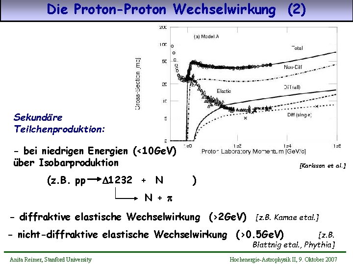 Die Proton-Proton Wechselwirkung (2) Sekundäre Teilchenproduktion: - bei niedrigen Energien (<10 Ge. V) über