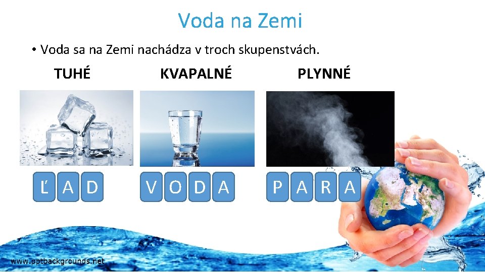 Voda na Zemi • Voda sa na Zemi nachádza v troch skupenstvách. TUHÉ Ľ