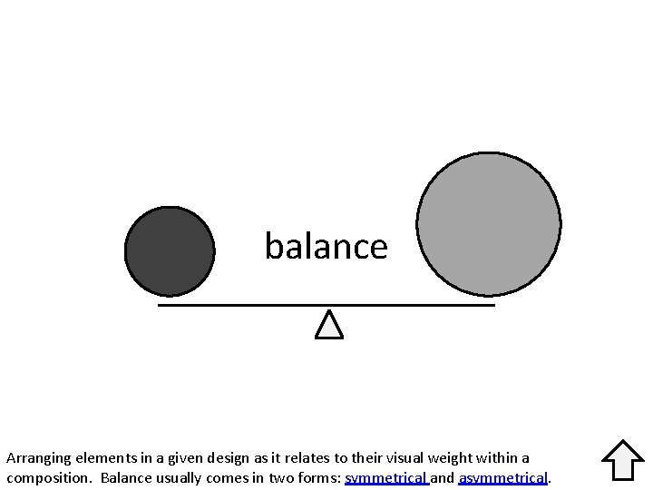 balance Arranging elements in a given design as it relates to their visual weight