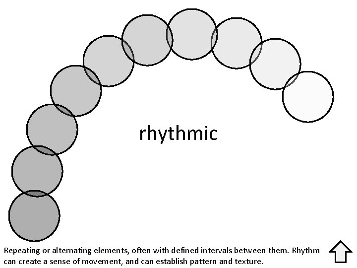 rhythmic Repeating or alternating elements, often with defined intervals between them. Rhythm can create