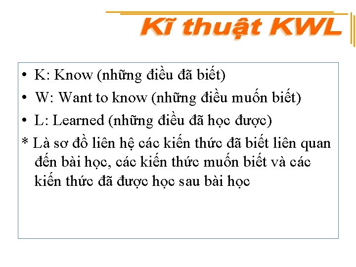  • K: Know (những điều đã biết) • W: Want to know (những
