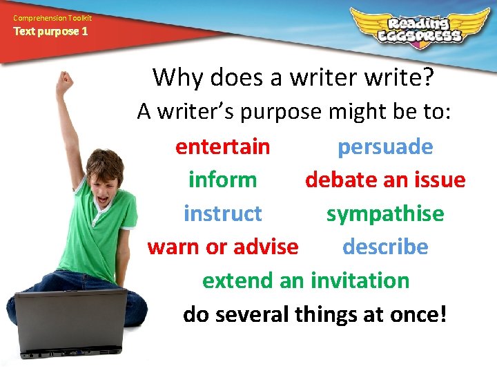 Comprehension Toolkit Text purpose 1 Why does a writer write? A writer’s purpose might