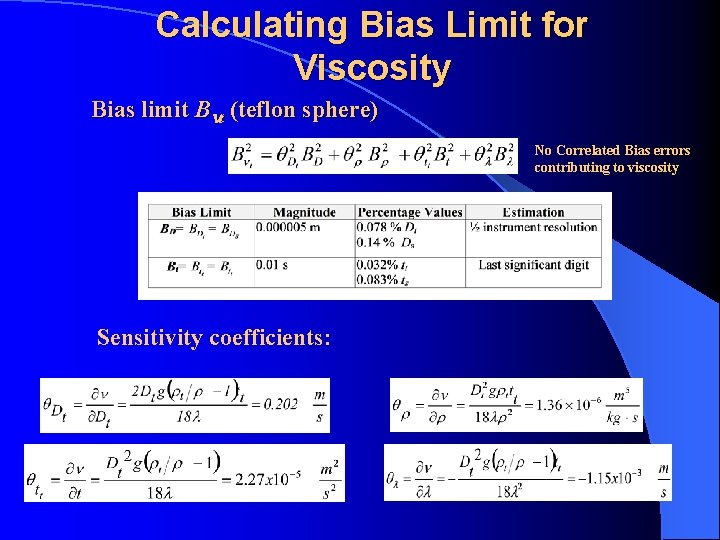 Calculating Bias Limit for Viscosity Bias limit Bnt (teflon sphere) No Correlated Bias errors