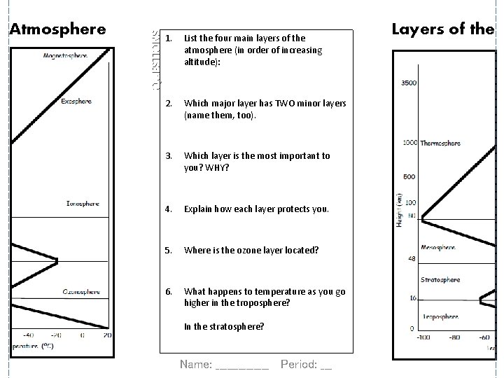 QUESTIONS Atmosphere 1. List the four main layers of the atmosphere (in order of
