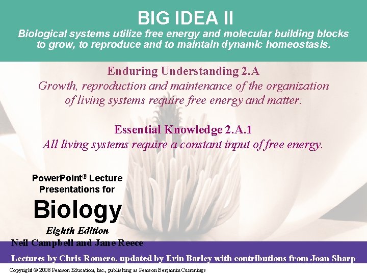 BIG IDEA II Biological systems utilize free energy and molecular building blocks to grow,