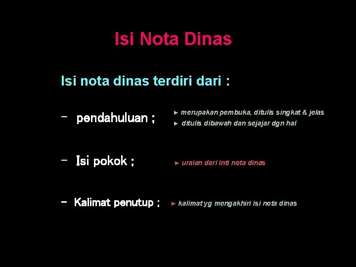 Isi Nota Dinas Isi nota dinas terdiri dari : - pendahuluan ; - Isi