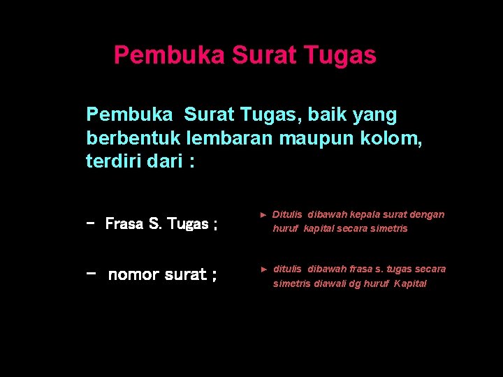 Pembuka Surat Tugas, baik yang berbentuk lembaran maupun kolom, terdiri dari : - Frasa