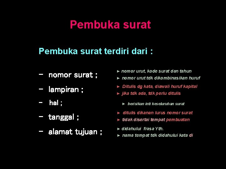 Pembuka surat terdiri dari : - nomor surat ; ► nomor urut, kode surat