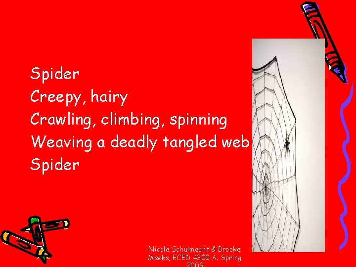 Spider Creepy, hairy Crawling, climbing, spinning Weaving a deadly tangled web Spider Nicole Schuknecht