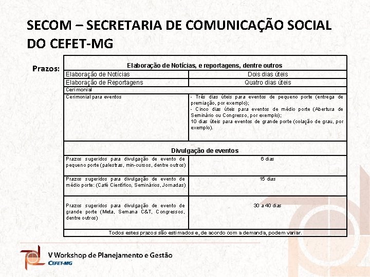 SECOM – SECRETARIA DE COMUNICAÇÃO SOCIAL DO CEFET-MG Prazos: Elaboração de Notícias, e reportagens,