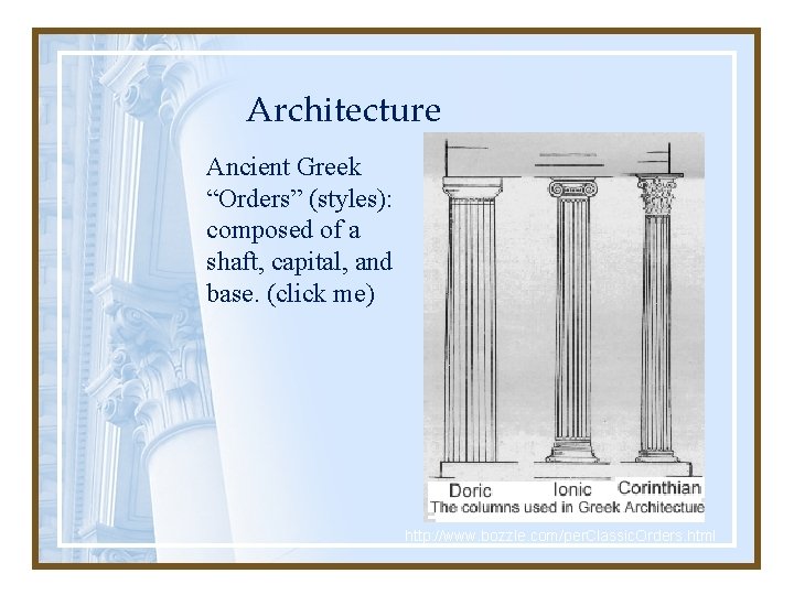 Architecture Ancient Greek “Orders” (styles): composed of a shaft, capital, and base. (click me)