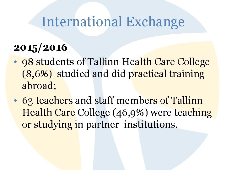 International Exchange 2015/2016 • 98 students of Tallinn Health Care College (8, 6%) studied