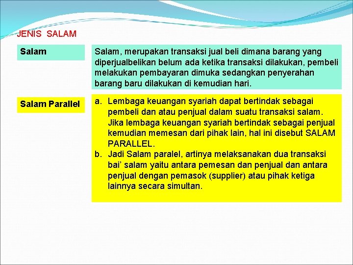 JENIS SALAM Salam, merupakan transaksi jual beli dimana barang yang diperjualbelikan belum ada ketika