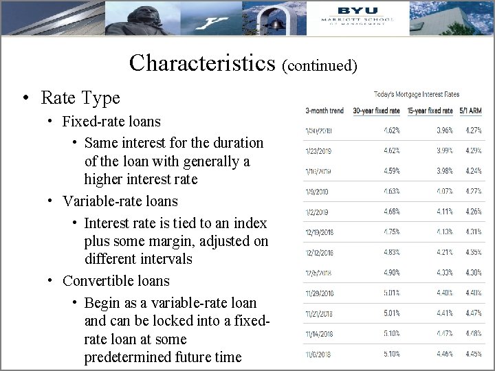 Characteristics (continued) • Rate Type • Fixed-rate loans • Same interest for the duration