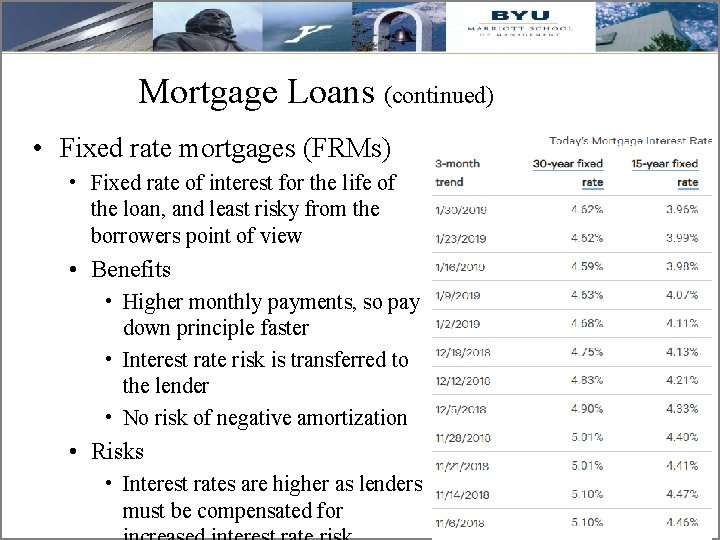Mortgage Loans (continued) • Fixed rate mortgages (FRMs) • Fixed rate of interest for